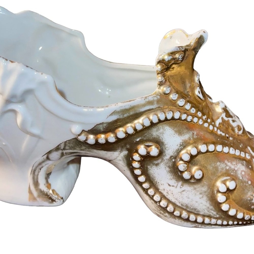 Antique Victorian Ladies Boot Shoe Porcelain White and Gold Floral Elegant- 1717